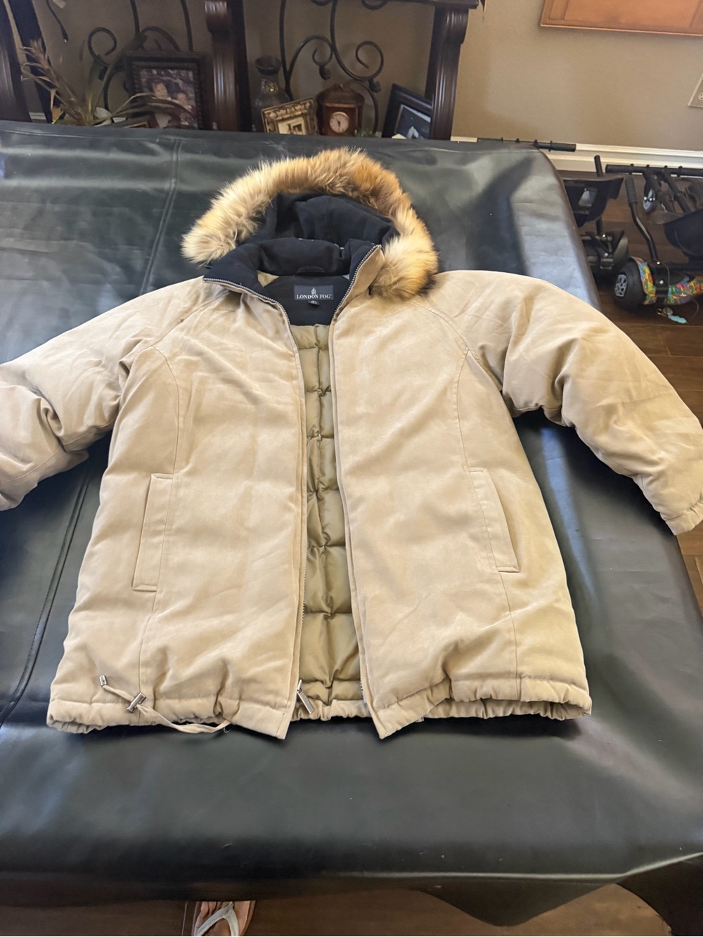 London Fog Kids Tan Hooded Puffer Coat with Faux-Fur Trim